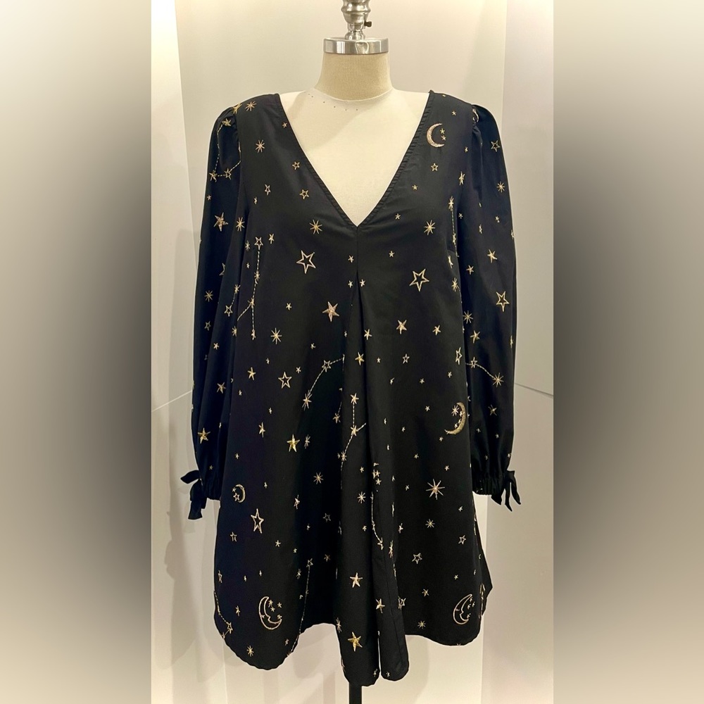 ASOS DESIGN Trapeze Mini Dress Black with Gold Star and Moon Embroidery, Size 10
